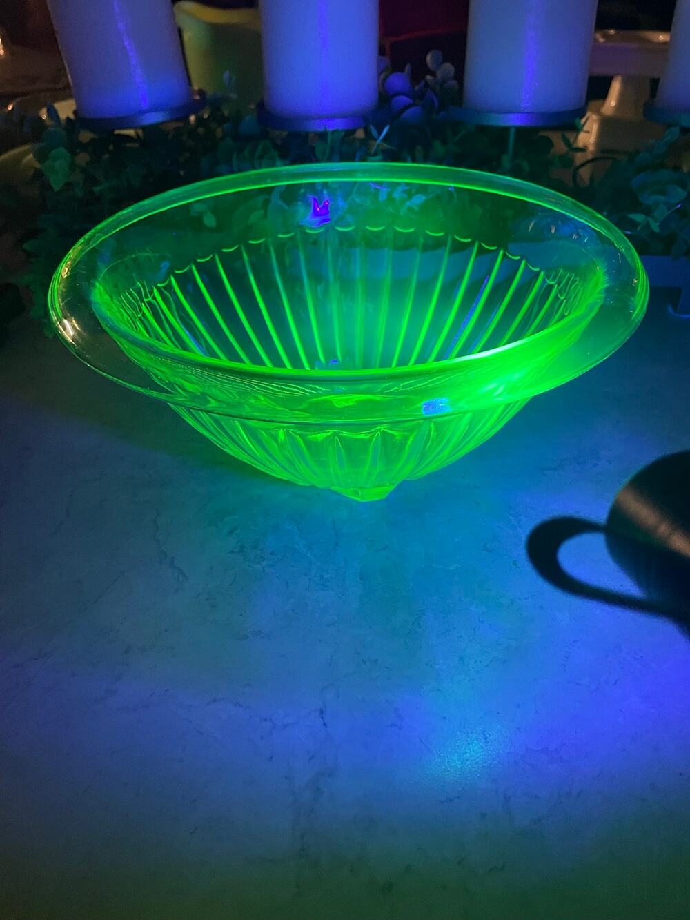 Vintage Hazel Atlas Ribbed Green Uranium Small bowl c1930 MCM 6.5x3” Glows
